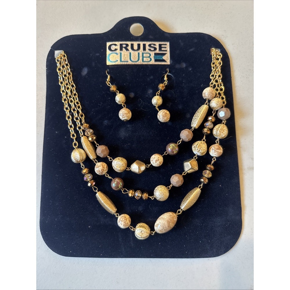 New Art Nouveau Geometric Statement Necklace & Earrings Set Gold/Clear Costume